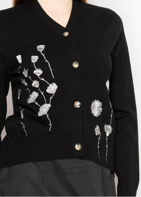 Black Embroidered Floral Button Cardigan