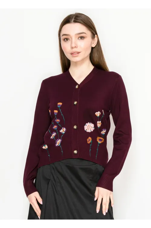 Burgundy Floral Embroidered V-Neck Cardigan