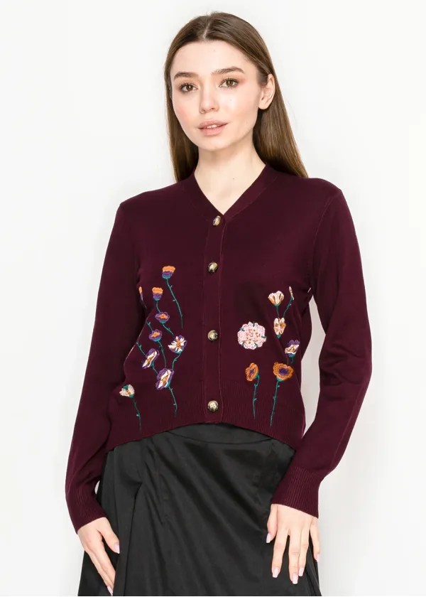 Burgundy Floral Embroidered V-Neck Cardigan