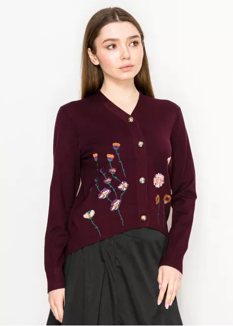 Burgundy Floral Embroidered V-Neck Cardigan