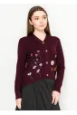 Burgundy Floral Embroidered V-Neck Cardigan