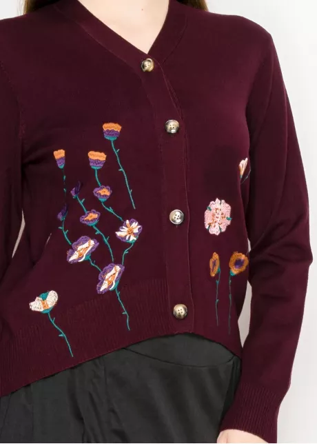 Burgundy Floral Embroidered V-Neck Cardigan
