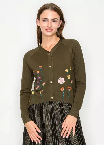 Olive Knit Cardigan with Floral Embroidery Olive Knit Cardigan with Floral Embroidery