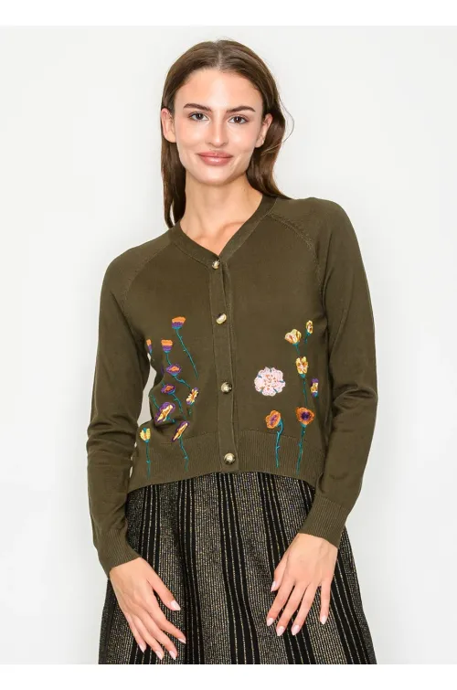 Olive Knit Cardigan with Floral Embroidery