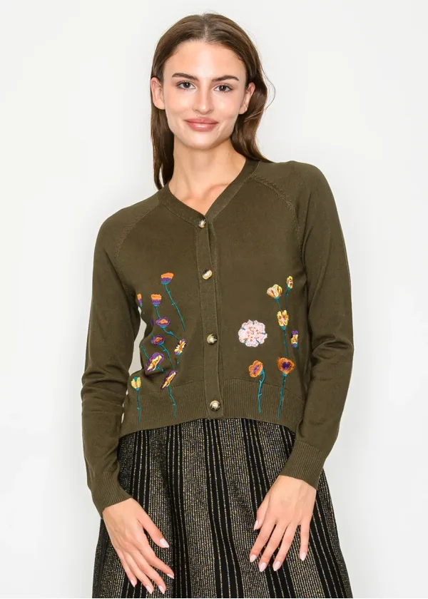 Olive Knit Cardigan with Floral Embroidery