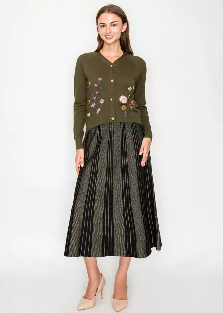 Olive Knit Cardigan with Floral Embroidery
