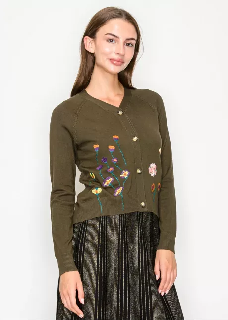 Olive Knit Cardigan with Floral Embroidery