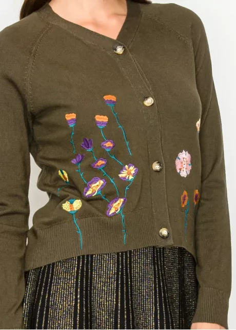 Olive Knit Cardigan with Floral Embroidery
