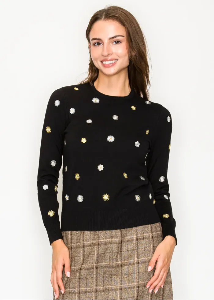 Floral Embroidery Crewneck Sweater in Black