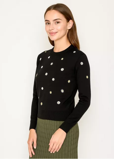 Floral Embroidery Crewneck Sweater in Black