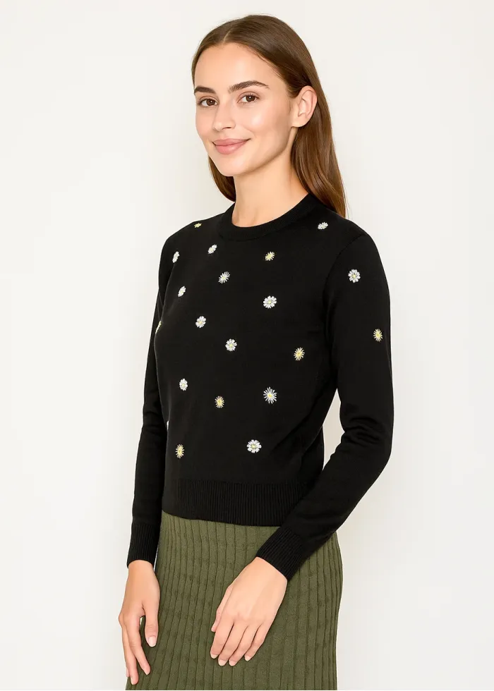 Floral Embroidery Crewneck Sweater in Black