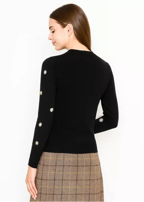 Floral Embroidery Crewneck Sweater in Black