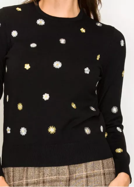 Floral Embroidery Crewneck Sweater in Black