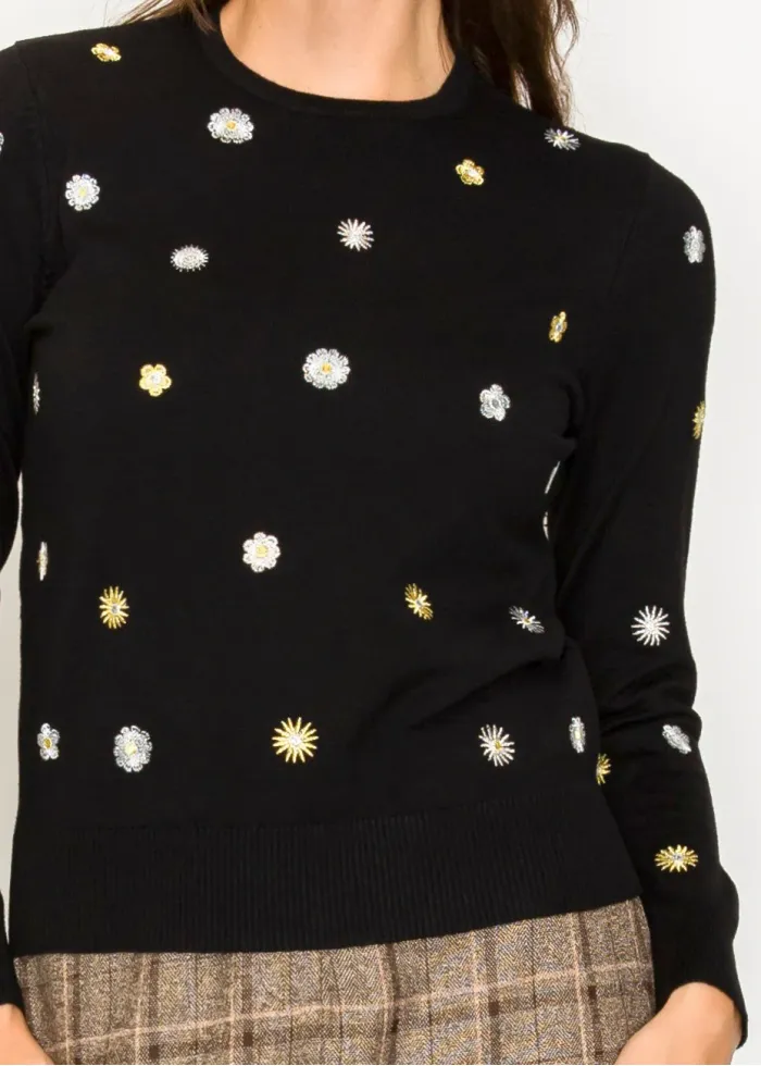 Floral Embroidery Crewneck Sweater in Black