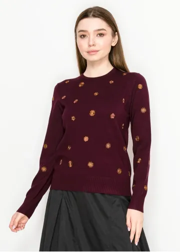 Burgundy Sweater with Gold Embroidery