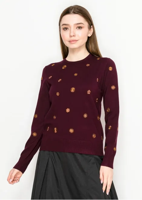 Burgundy Sweater with Gold Embroidery