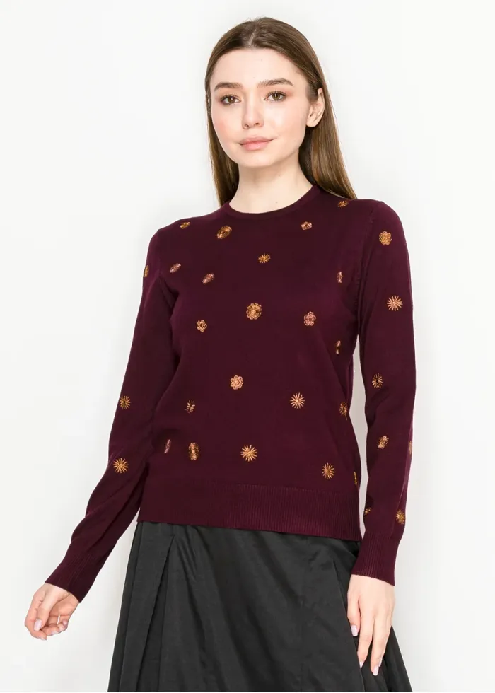 Burgundy Sweater with Gold Embroidery