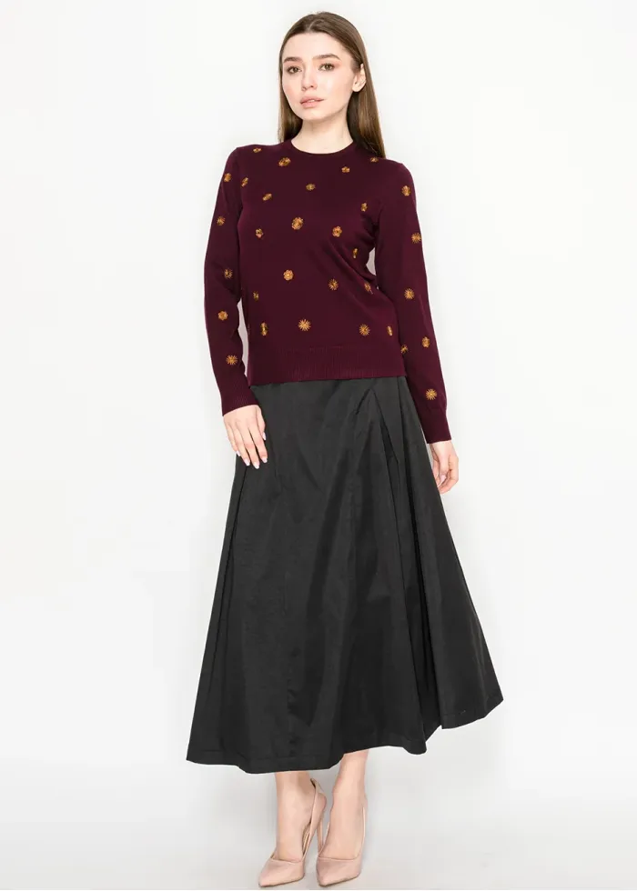 Burgundy Sweater with Gold Embroidery