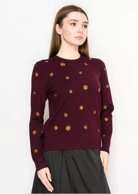 Burgundy Sweater with Gold Embroidery