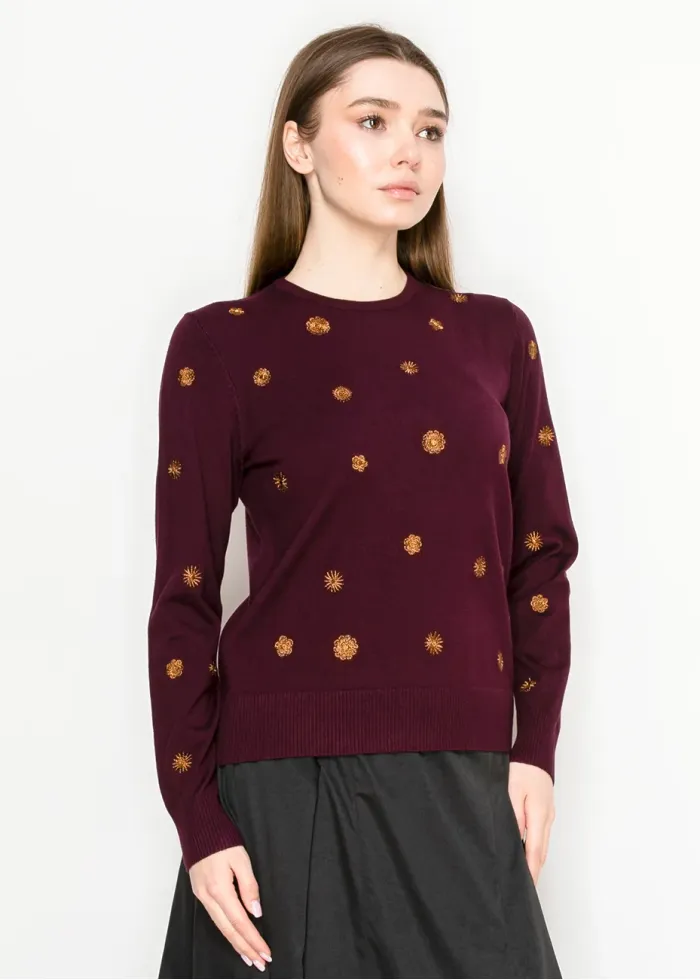 Burgundy Sweater with Gold Embroidery