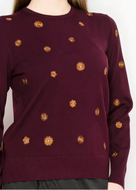 Burgundy Sweater with Gold Embroidery