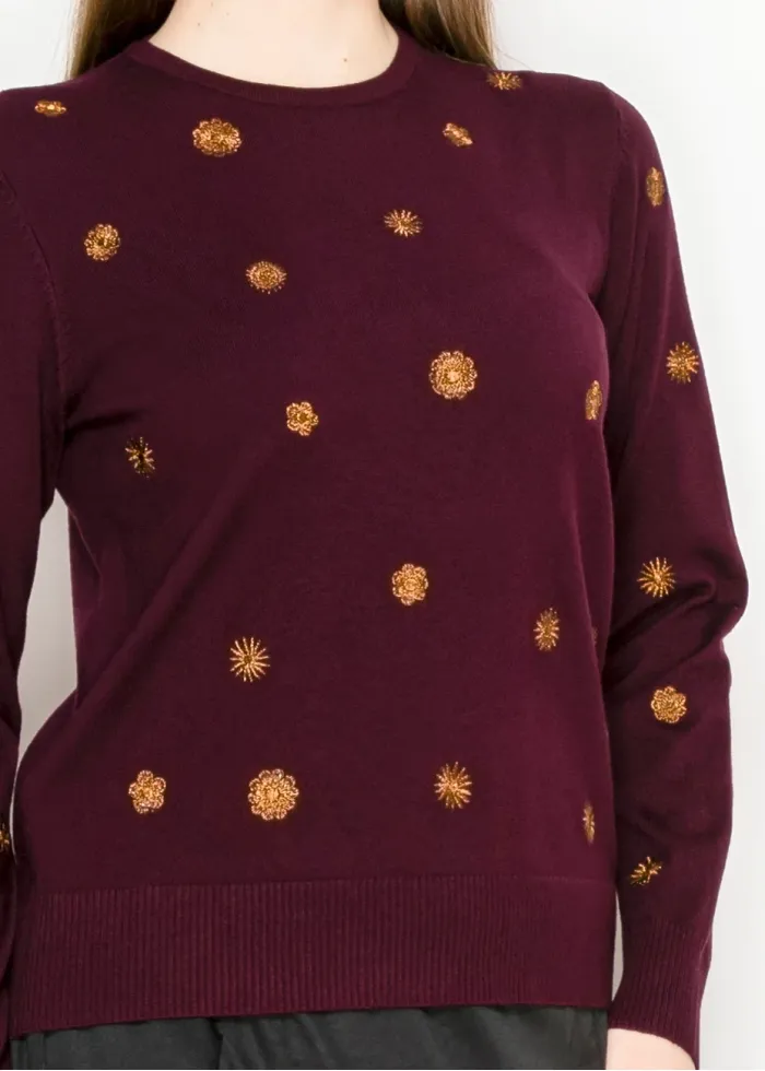 Burgundy Sweater with Gold Embroidery