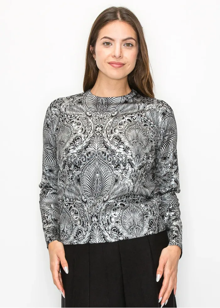 Metallic Silver Pattern Crewneck Sweater