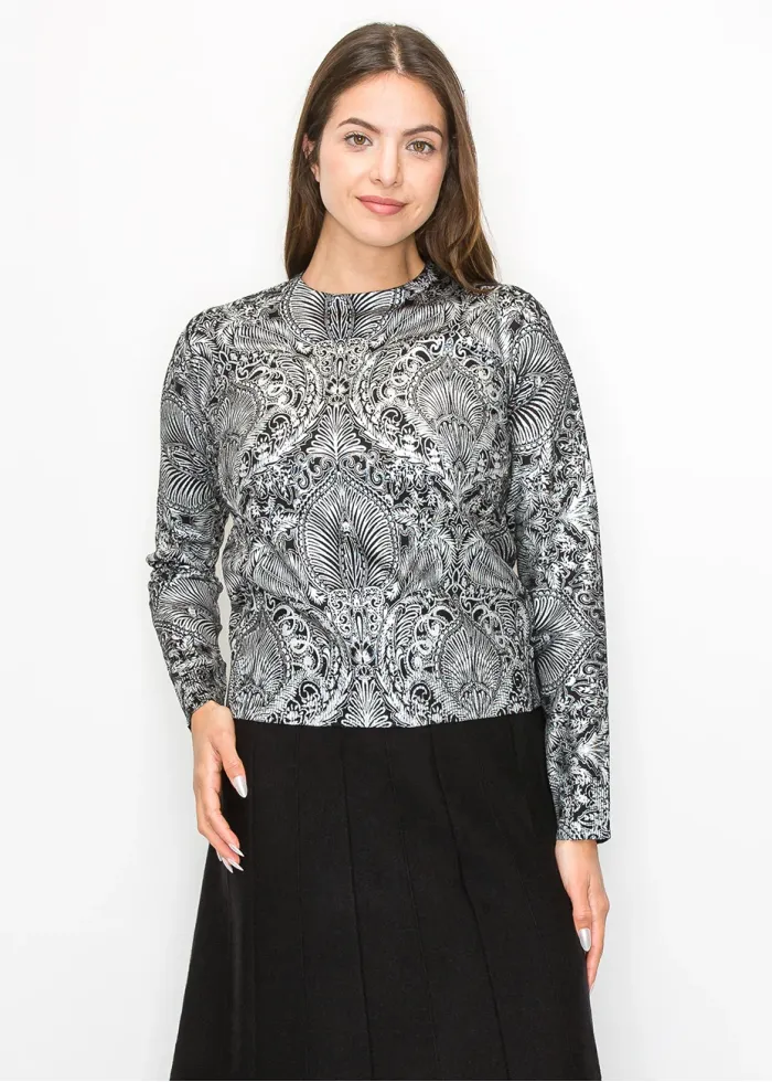 Metallic Silver Pattern Crewneck Sweater
