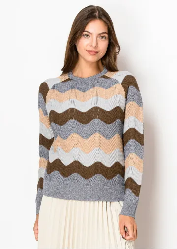 Grey Knit Sweater with Multi Wave Stripes