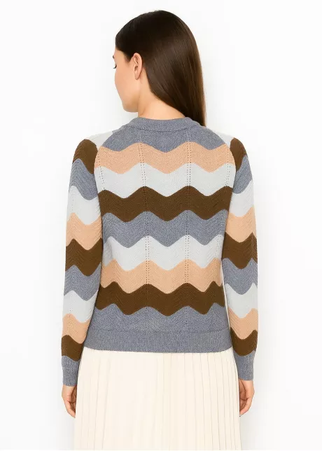 Grey Knit Sweater with Multi Wave Stripes