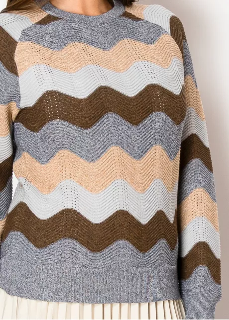 Grey Knit Sweater with Multi Wave Stripes