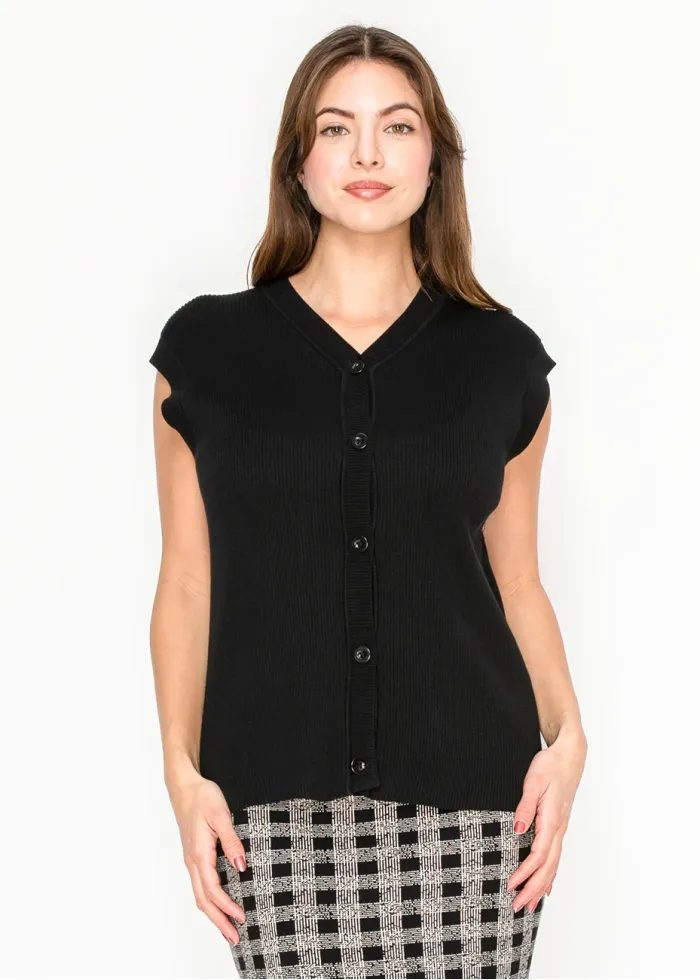 Black Knit Button-Front Vest with V-Neck