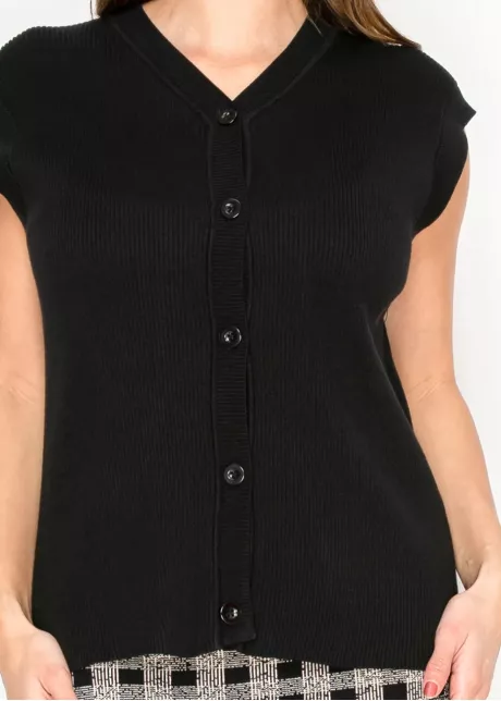 Black Knit Button-Front Vest with V-Neck