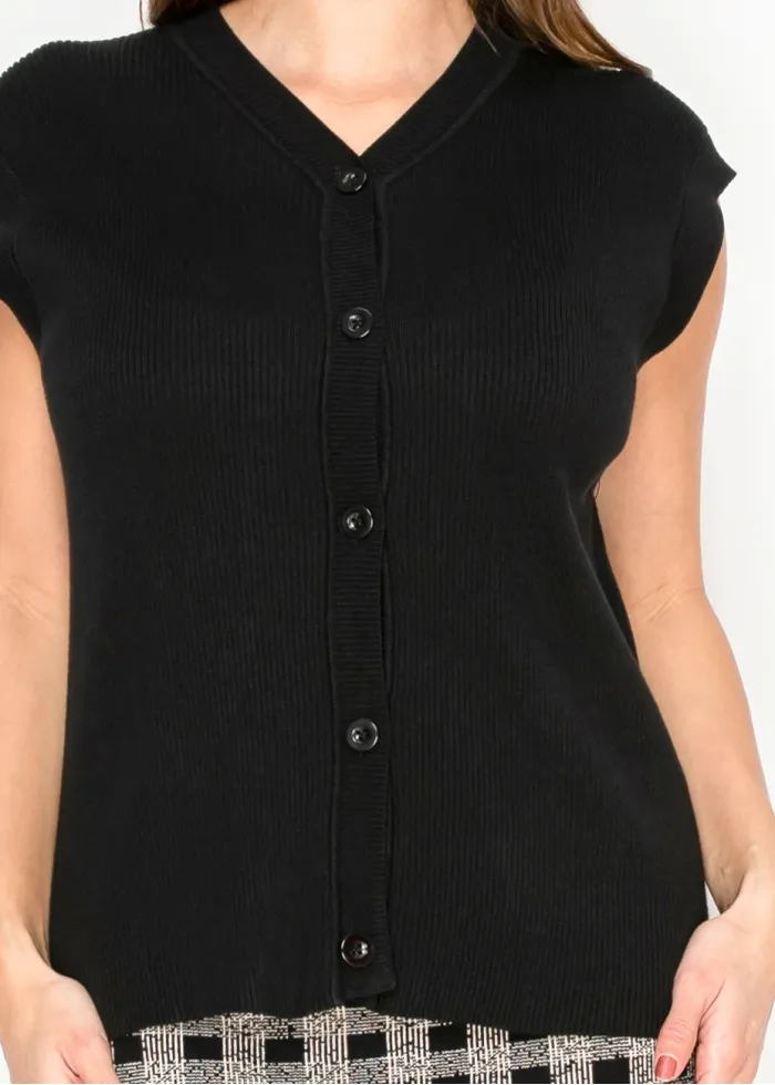 Black Knit Button-Front Vest with V-Neck