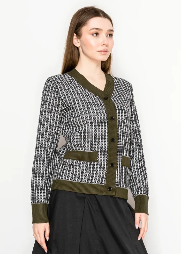 Olive Trim Check Cardigan