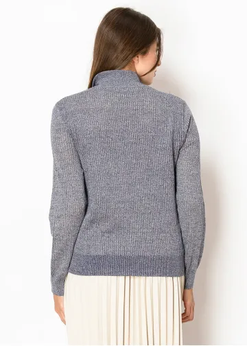 Blue Knit Half-Zip Sweater with High Neck | Modest Women