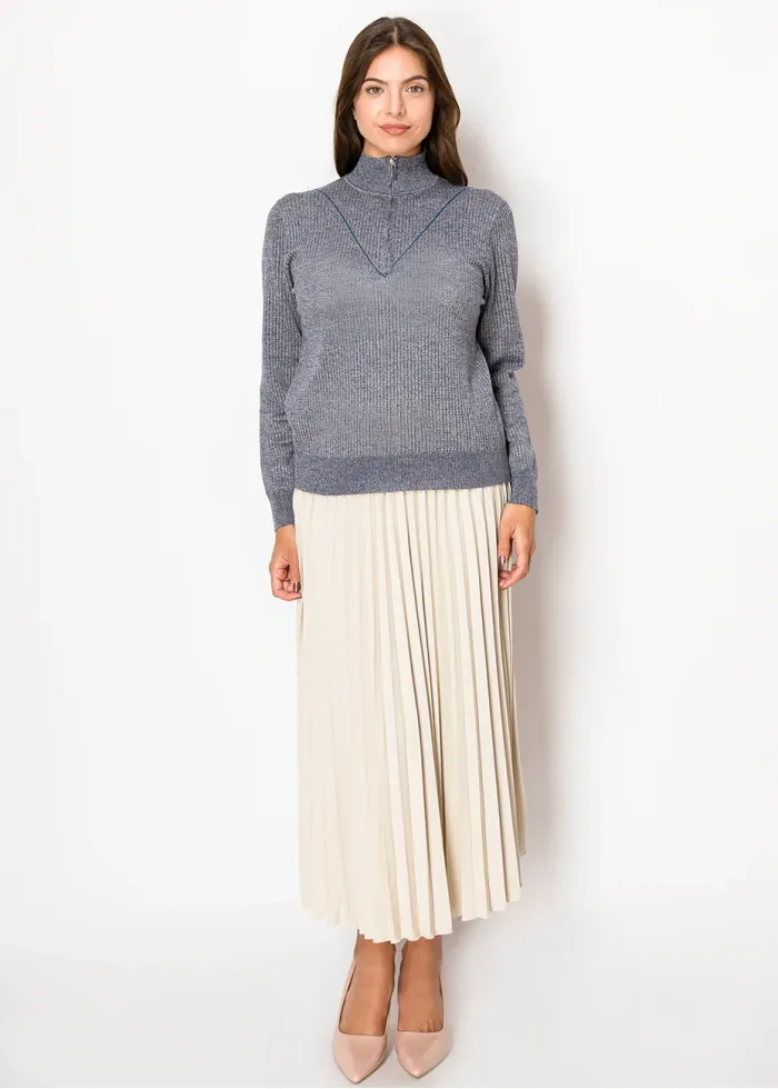 Blue Knit Half-Zip Sweater with High Neck