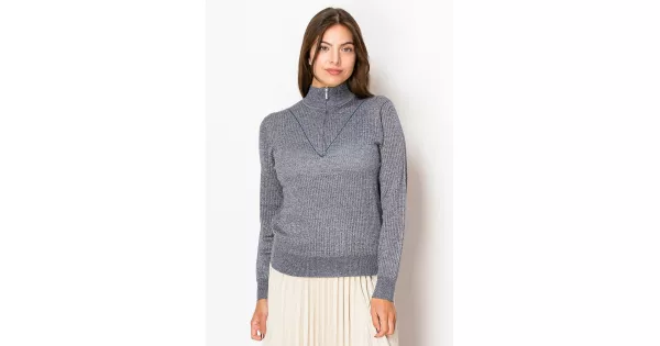 Blue Knit Half-Zip Sweater with High Neck | Modest Women