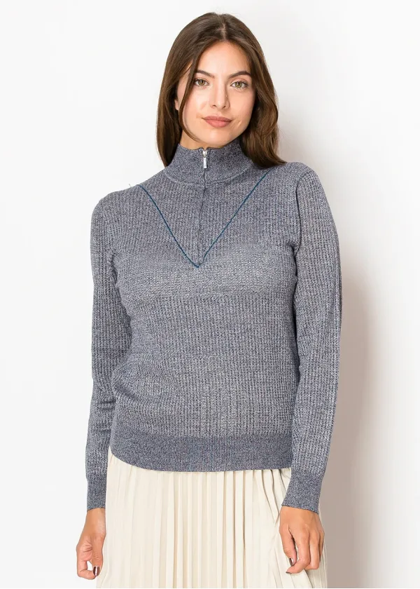 Blue Knit Half-Zip Sweater with High Neck