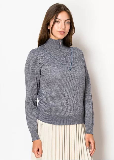 Blue Knit Half-Zip Sweater with High Neck