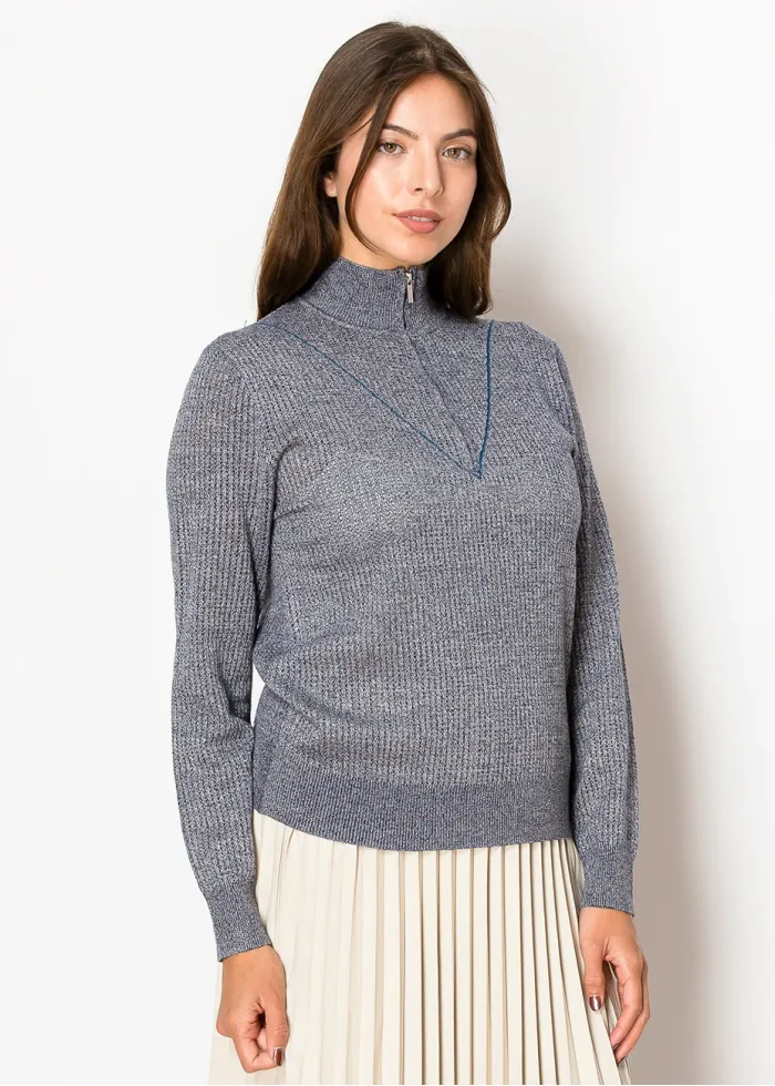 Blue Knit Half-Zip Sweater with High Neck