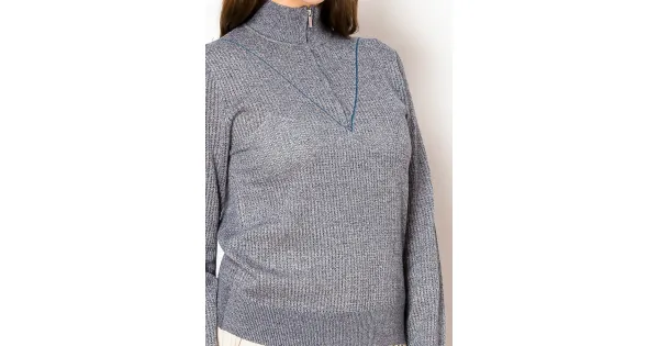 Blue Knit Half-Zip Sweater with High Neck | Modest Women Clothing