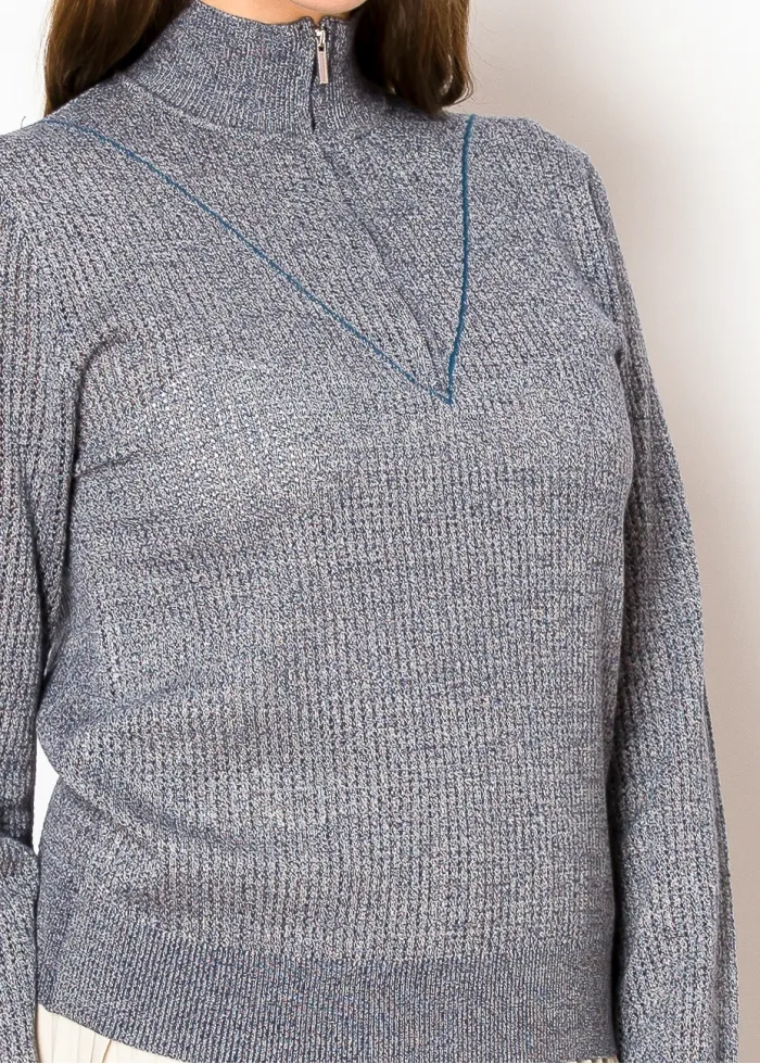 Blue Knit Half-Zip Sweater with High Neck