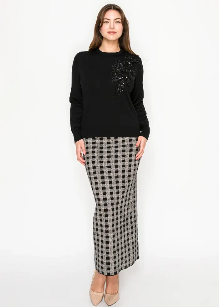 Embellished Black Crewneck Knit Pullover