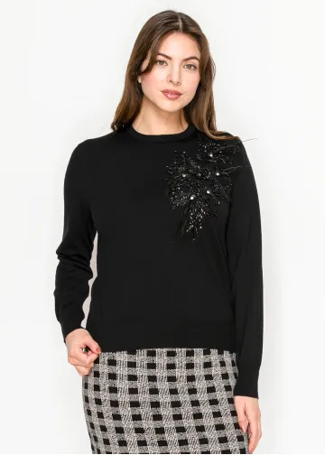 Embellished Black Crewneck Knit Pullover