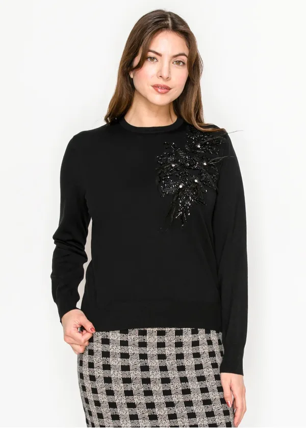 Embellished Black Crewneck Knit Pullover