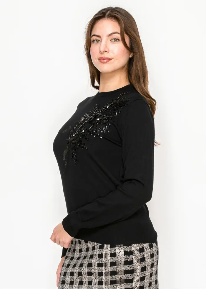 Embellished Black Crewneck Knit Pullover