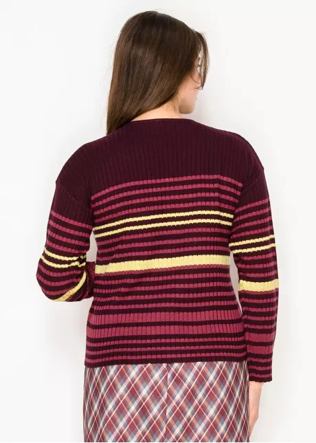 Burgundy Ribbed Cardigan with Stripes