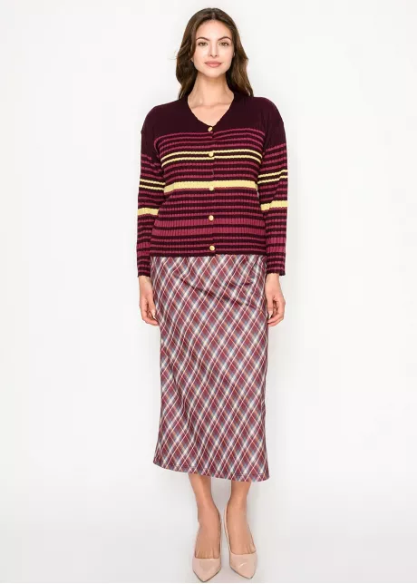 Burgundy Ribbed Cardigan with Stripes