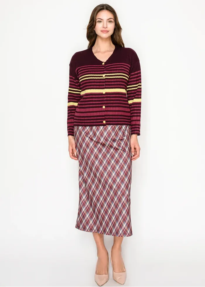 Burgundy Ribbed Cardigan with Stripes